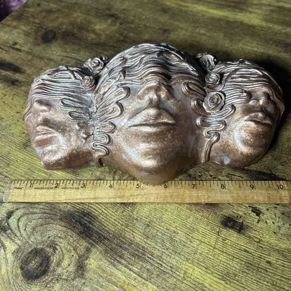 Sculptural Wall Art 3 Faces Blinded Rose Vines Hair Bronze Color Unity Entangle - Picture 8 of 11